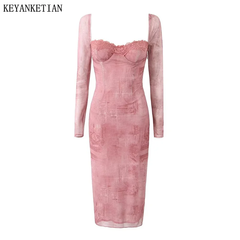 

KEYANKETIAN New Launch Women's Tie-dye Print Lace Decoration Skinny Gauze Dress Xshape Retro Long Sleeve Strapless MIDI Skirt