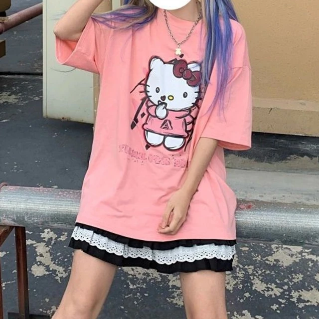 Hello Kitty Summer Cartoon Clothes For Fashion Women Oversize Cotton T  Shirt Girl Y2k Streetwear Korean Style Cute Short Sleeve - T-shirts -  AliExpress