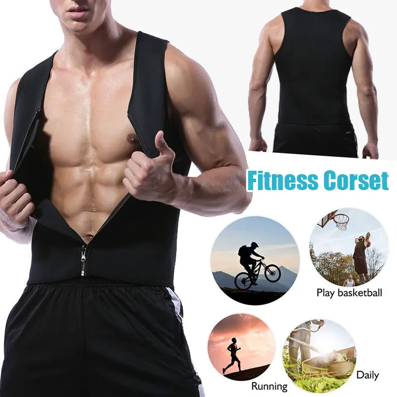 Men Compression Trainer Vest Neoprene Corset Body Shaper Slimming Shirt Weight Loss Fitness Workout Zipper Belly Control Vest