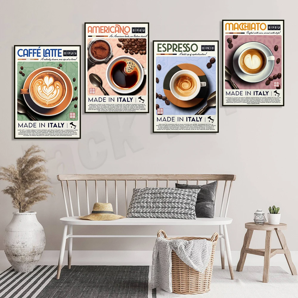 Italienisches Essen, Kaffee druck, Macchiato, Espresso, Latte Art Leinwand Malerei Wand Küche Poster Wohnkultur
