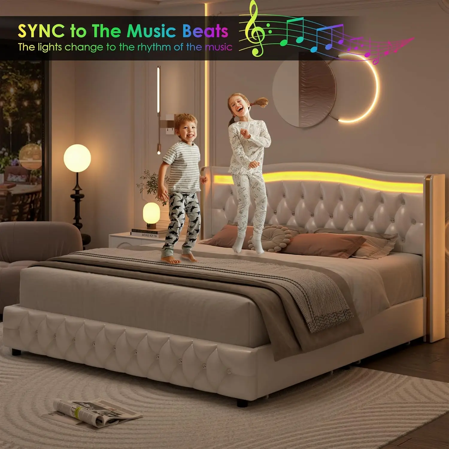Queen Smart LED Platform Bed Frame with 4 Storage Drawers, Crystal Button-Tufted & Stainless Gold Trim Wingback Headboard 4