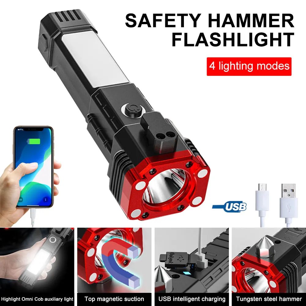 

Portable 1200LM LED Flashlight 4 Modes Lamp USB Charging Emergency Escape Rescue Window Breaker Safety Hammer Lantern