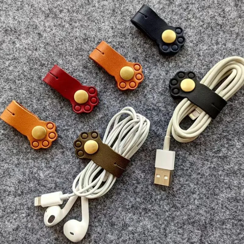 PU 가죽 케이블 주최자 Kawaii 고양이 발 USB 충전기 데이터 라인 케이블 보호기 이어폰 클립 케이블 와인 더 데스크 주최자
