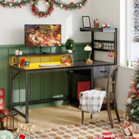 40"Gaming Computer Desk with Power Outlets RGB LED Lights Office Desk with Drawer Storage Shelves Monitor Stand For Small Space 2