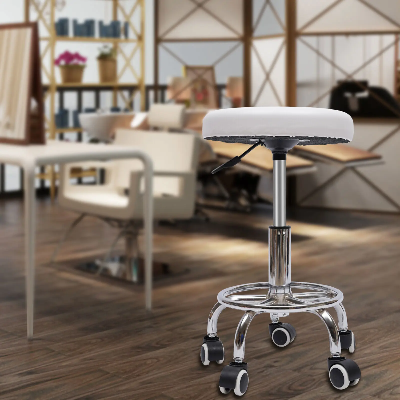 360 Rotating Work Bench 44 57cm Height Adjustable Hydraulic Rolling Rotating Stool for Home Office Bar Beauty Salon Black White