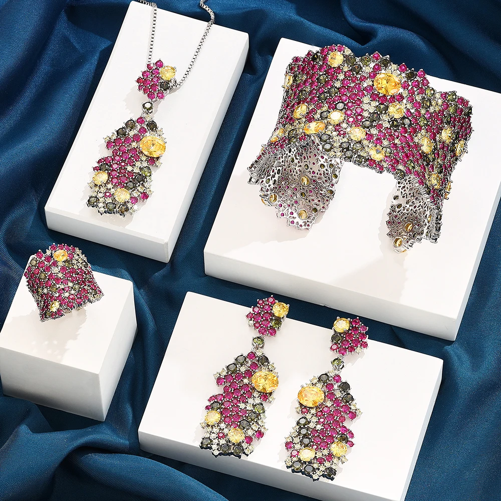 

Sparkling Pink Blue Zirconia Jewelry Set 4 Pieces Wedding Party Birde Jewelry Set Luxury Cuff Bangle Pedant Necklace