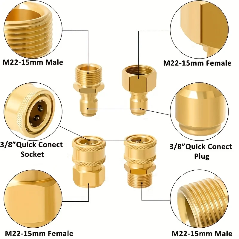 4-Pc High-Pressure Quick Disconnect Adapters, M22-15mm to 3/8", Solid Brass for Electric Pressure Washers 5