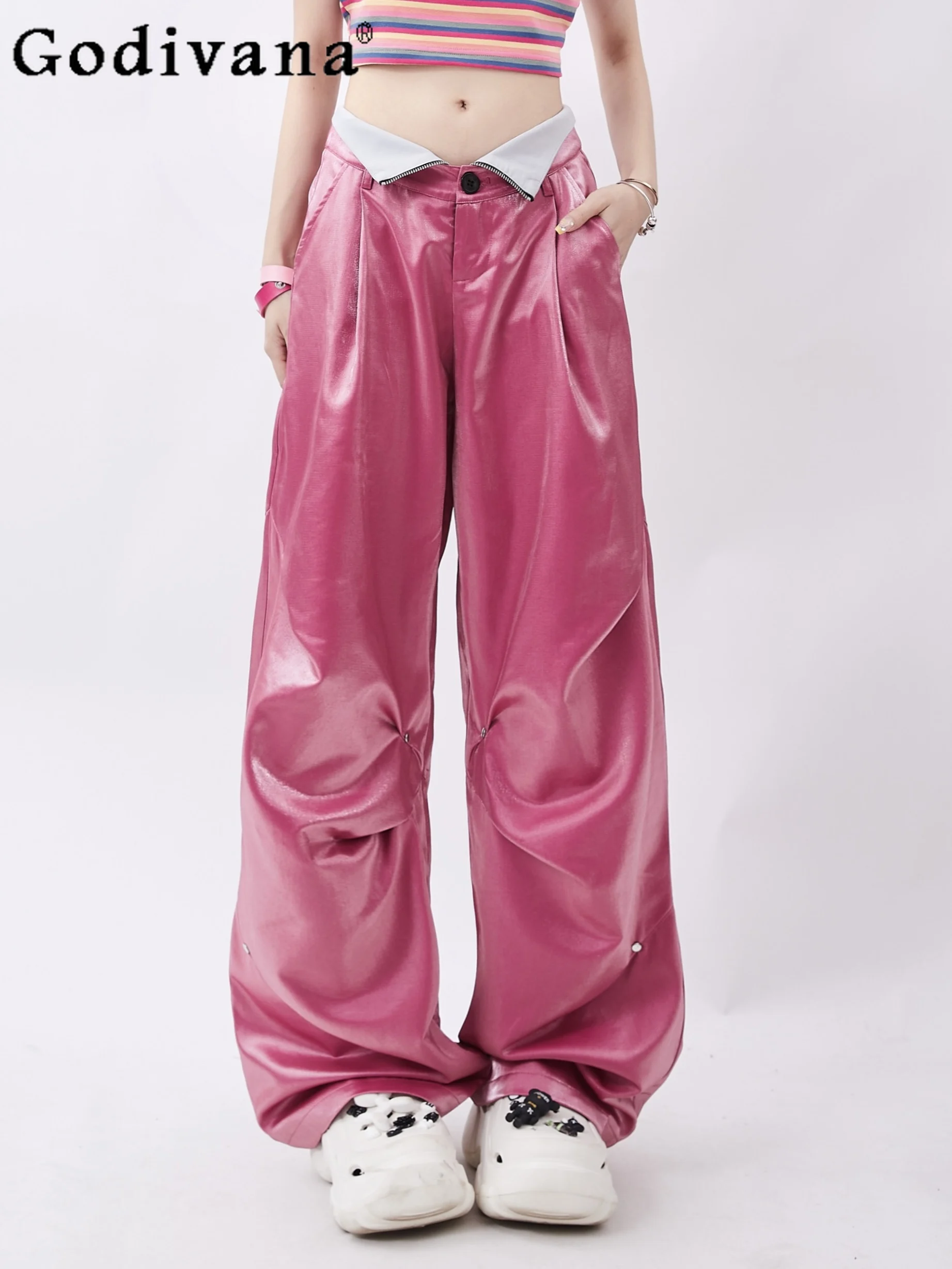 Korean Fashion Girly Sweet Elegant Trousers Summer Double Waist Two Wear Straight Casual Pants Loose Slim Women Mop Pants