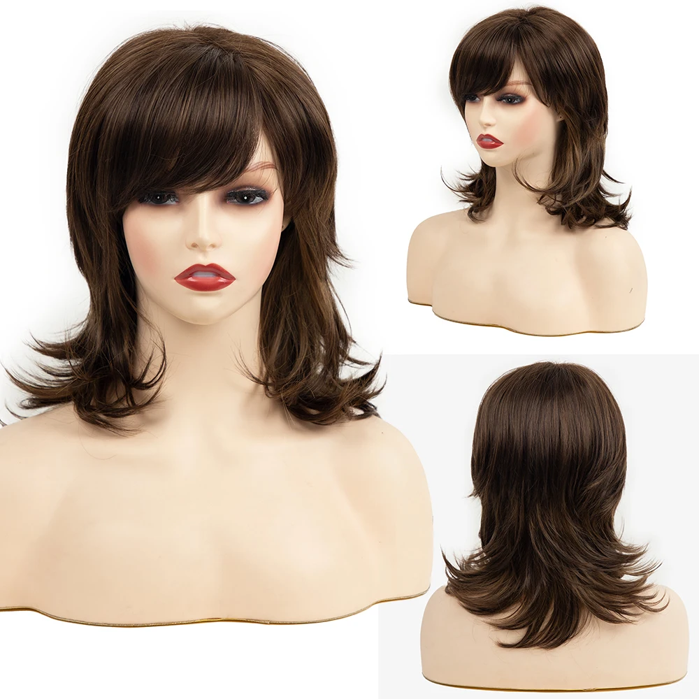 Short Straight Synthetic Wigs for Women Natural Wave Wigs with Side Bangs Cosplay Brown Hair Curly Bob Wig Heat Resistant