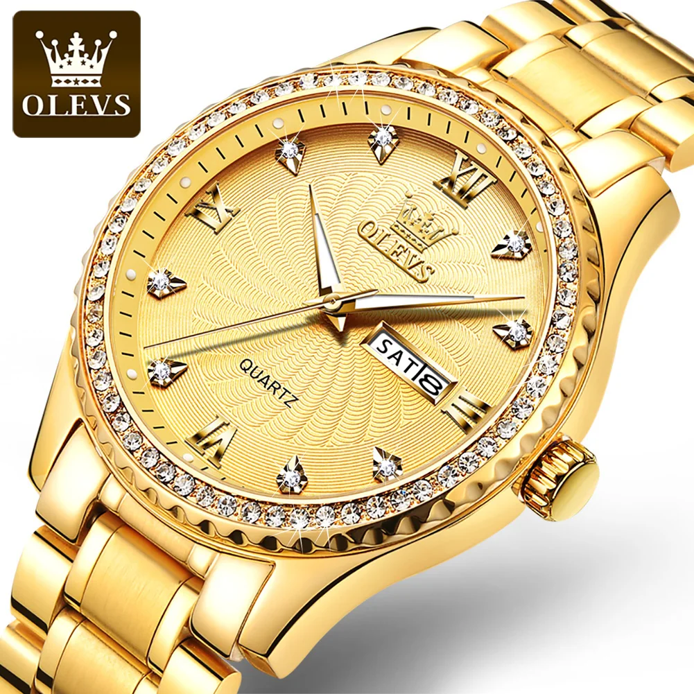 

Модные золотые кварцевые часы OLEVS для мужчин из нержавеющей стали, водонепроницаемые, светящиеся стрелки, дата недели, мужские спортивные часы, мужские часы