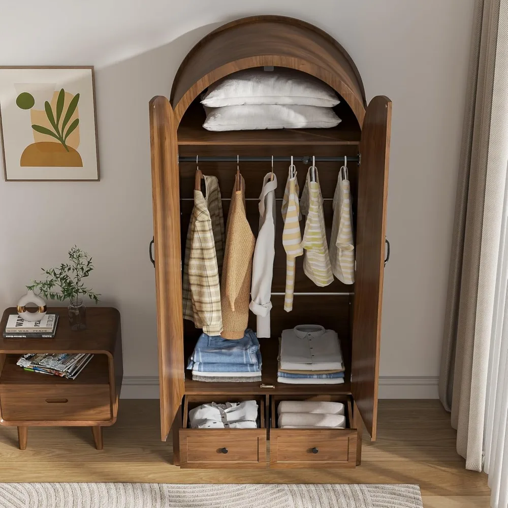 Wardrobe closet with drawers and 2 arched fluted doors. 70.87" tall wooden bedroom armoires with shelves and hanging rod. 4
