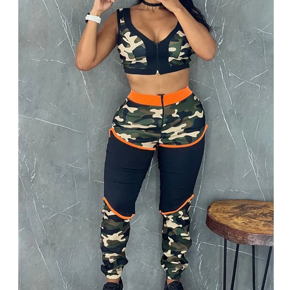 

Wepbel Camis Tops Women Print 2 Pieces Sets Outfits Slacks Pants Jogging Clothing Camisole Suit Black Camouflage Sports Sets