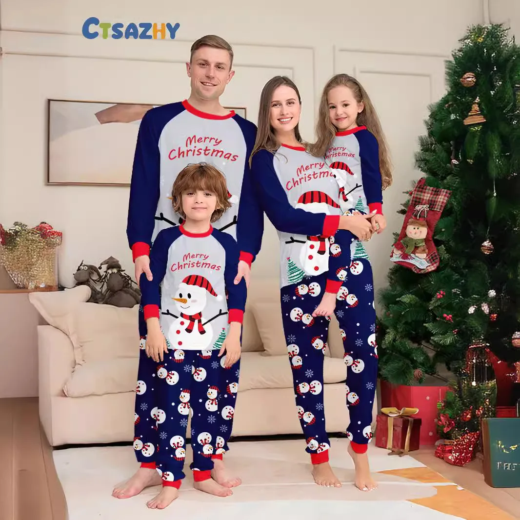 thumbnail image 2 of Conjunto de pijamas familiares de Feliz Navidad, ropa a juego para madre, padre, niño y perro, ropa de dormir con estampado de muñeco de nieve de dibujos animados, look navideño para el hogar, 2 of 5