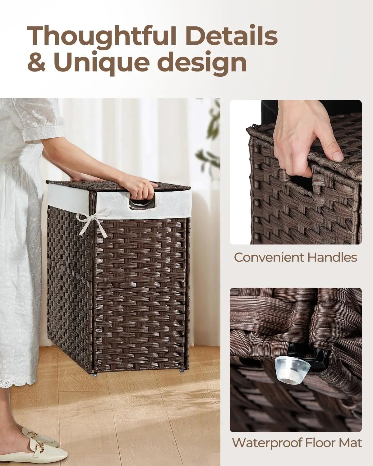 Laundry Hamper with lid 130L Wicker Laundry Baskets Foldable 2 Removable Liner Bags 2 Section Clothes Hamper No Install Needed