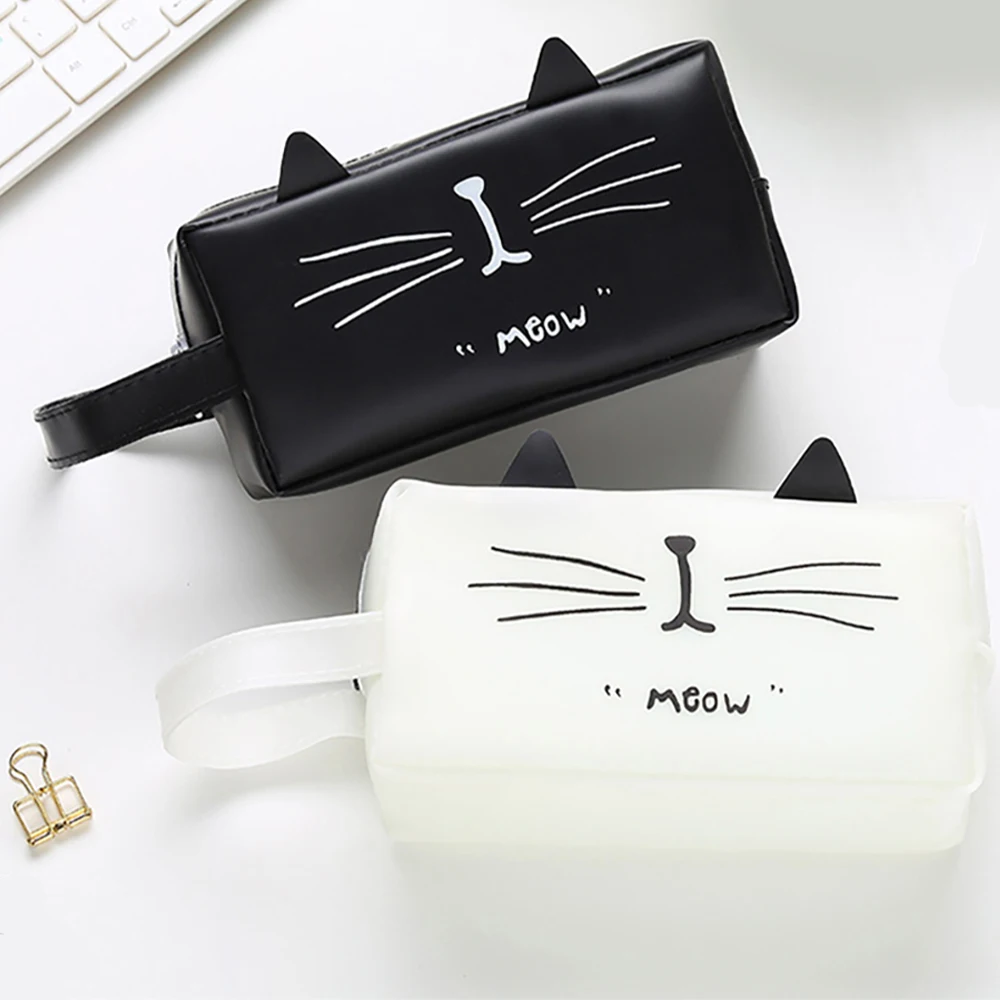 귀여운 고양이 연필 케이스, 대용량, 심플하고 귀여운 크리에이티브 휴대용 보관 가방, PU 가죽 학생 학교 문구 용품
