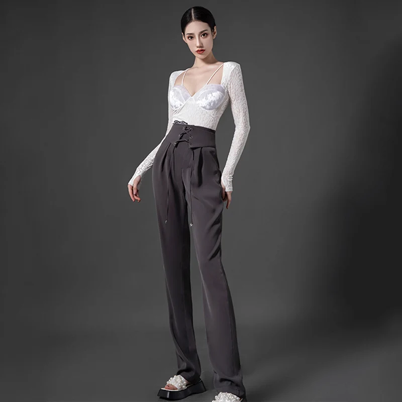 

Ballroom Dance Tops Pants For Women Latin Dance Clothes Practice Wear Long Sleeves Rumba Cha Cha Dancewear High Waist DNV17270