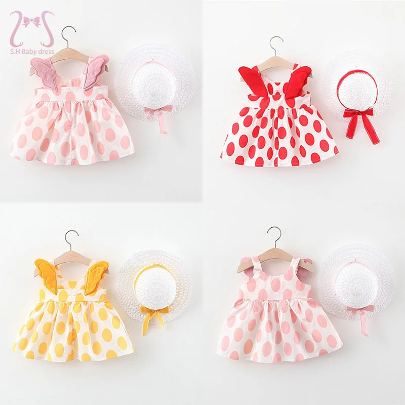 

2Pcs/Set Girls Summer Wings Sling Dress Classic Polka Dot Children Clothes Cotton Sleeveless Toddler Breathable 0 To 3 Years Old