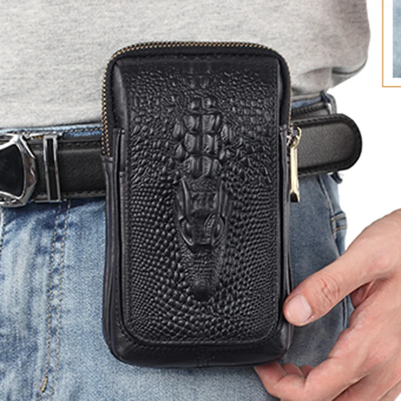 

Hot Sale Men Fanny Pack Waist Hook Bag Crocodile Grain Pocket Hip Belt Bum Cell/Mobile Phone Cover Case Genuine Leather Bags