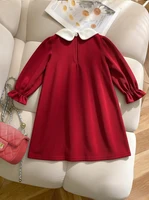 Robe unie pour filles avec col Peter Pan contrastant et décoration cerise, jupe trapèze douce et ample pour les fêtes quotidiennes 4