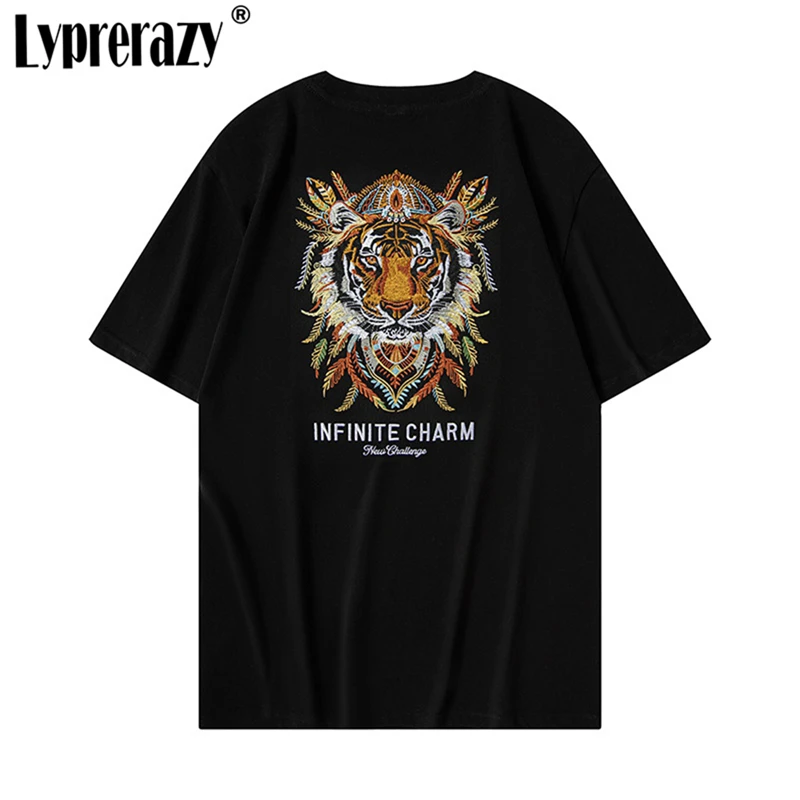 

Lyprerazy Национальный Стиль Вышивка головы тигра свободная футболка с коротким рукавом летние с круглым вырезом хлопковые уличные топы футболки