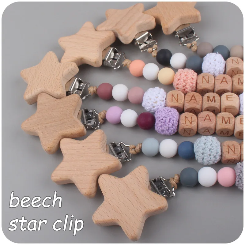 Pacifier Chain Baby Pacifier Clip Personalized Name Stars Love Wood Safe Teethers Soother Chew Teething Toys