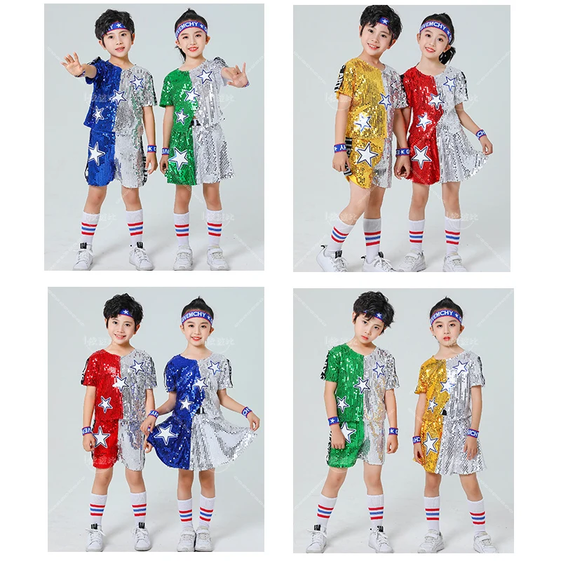 Children's Dance Sequin Costumes, Jazz Hip-hop School Activity Performance Costumes, Short Sleeved Tops and Skirts