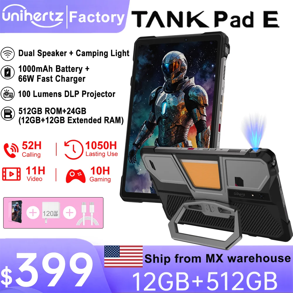 Unihertz 8849 TANK PAD E Rugged Projector Tablet Smartphone 10.95 inch 24GB 512GB 21000mAh 32MP 50MP Camera Android 14 Phone PAD