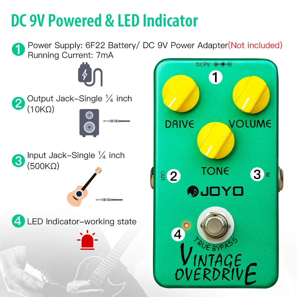 JF-01 VINTAGE OVERDRIVE Guitar Pedal Classic TS808 Tone Overdrive Pedal for Elec
