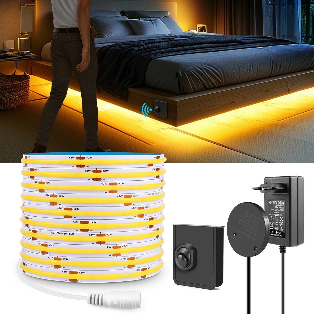 Wireless RF PIR Motion Sensor Switch 24V COB LED Strip Light Under Cabinet Lamp  DIY Stair Bed Corridor Cabinet Decor Lighting