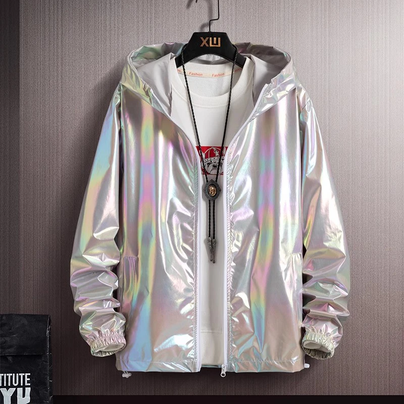 Hooded Men Windbreaker Jacket Solid Spring Autumn Zipper Harajuku Streetwear Male Stage Costume Singer Loose Casual Sport Coats silver sequin windbreaker jacket men fashion autumn nightclub dance stage singer costume glitter zipper hip hop streetwear coat