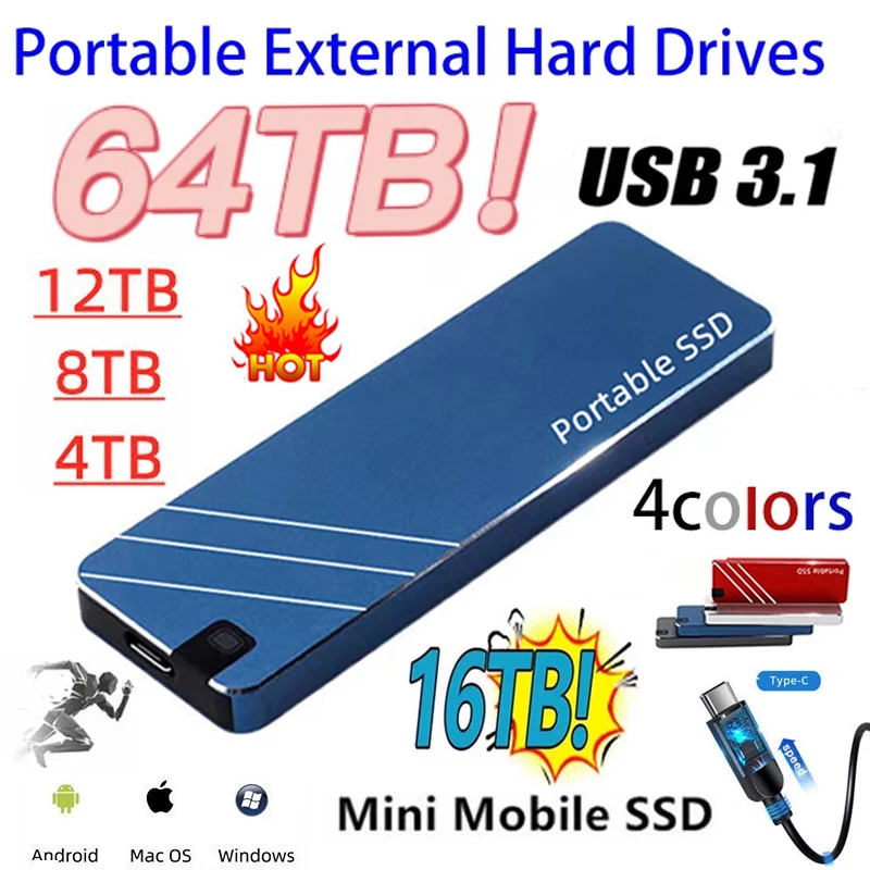노트북 데스크탑 데스크탑용 외장 하드 디스크, SSD 하드 드라이브 디스크, 32TB, 64TB, 16TB, 8TB, 4TB, SSD 2TB, 1TB