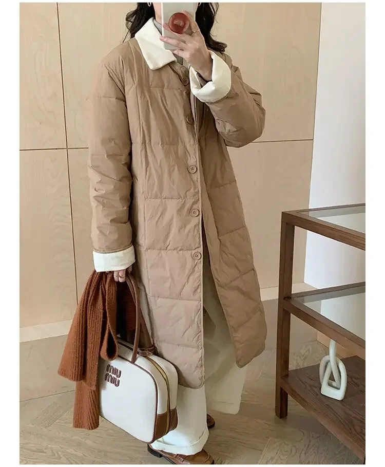 Korean Style Maternity Winter Coats Fashion Block Color Patchwork Turn-down Collar Pregnant Woman X-long Outwear Down Jackets