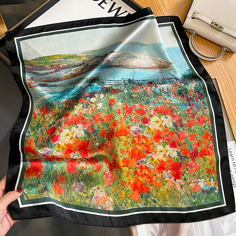 2024 Brand 100% Pure Silk Scarf Women Hot Hair Fashion Foulard Square Small Headband Hijab Print Poncho Scarves Bandana 53cm 6