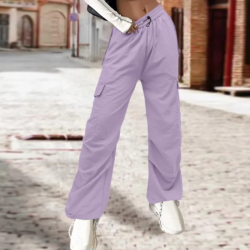 Solid Color Nylon Pocket Loose Cargo Pants Women 2023 Autumn Winter Elastic Waist Straight Leg Trousers Sports Jogger Streetwear