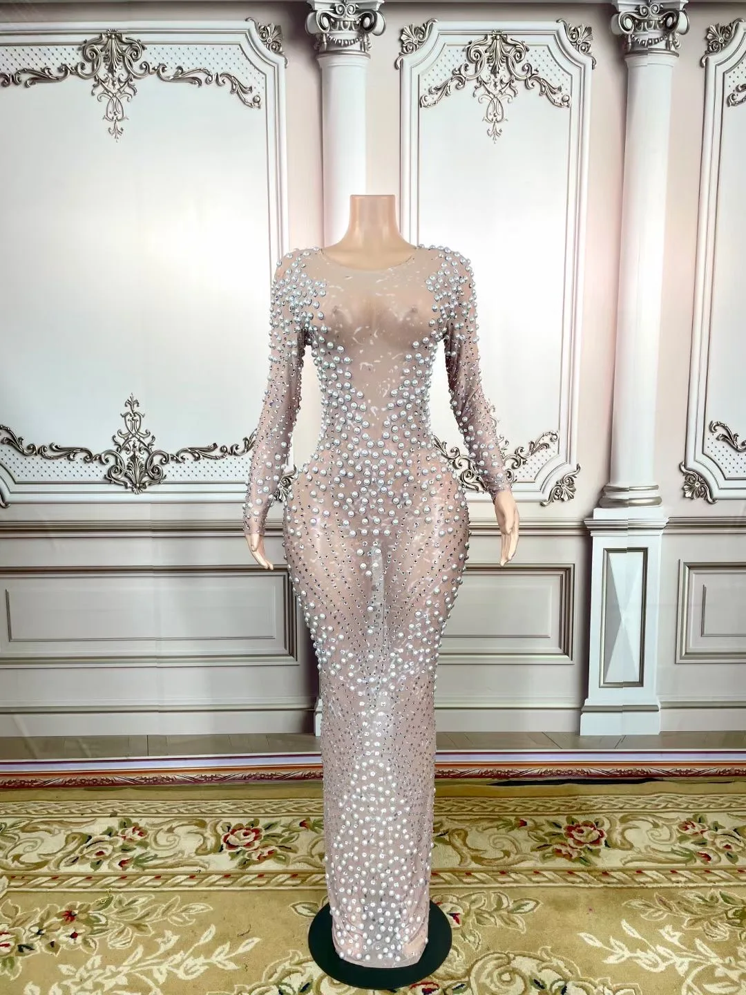 

Nude Gauze Long Sleeves Shining Rhinestone Pearls Sexy Dress For Women Evening Ballroom Clothing Singer Stage Prom Costumes