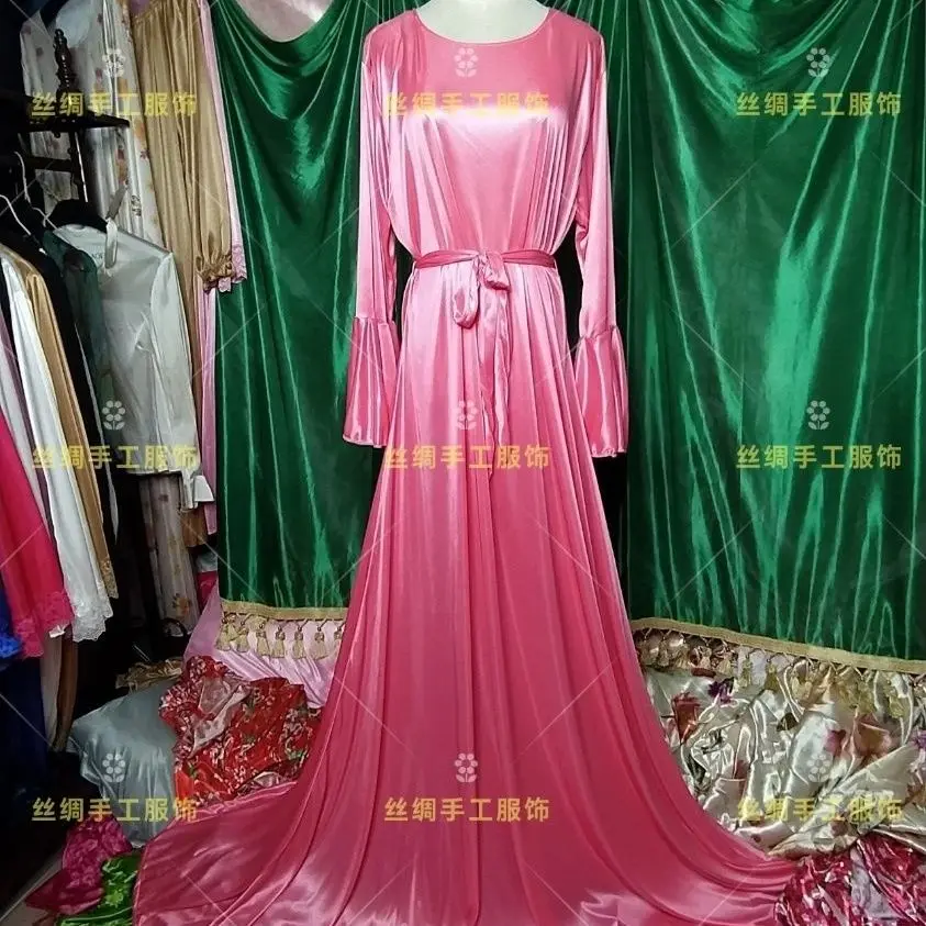 Glossy Sexy Women Satin Long Dress Batwing Sleeve Loose Night Dress Plus Size Sleeping Robe