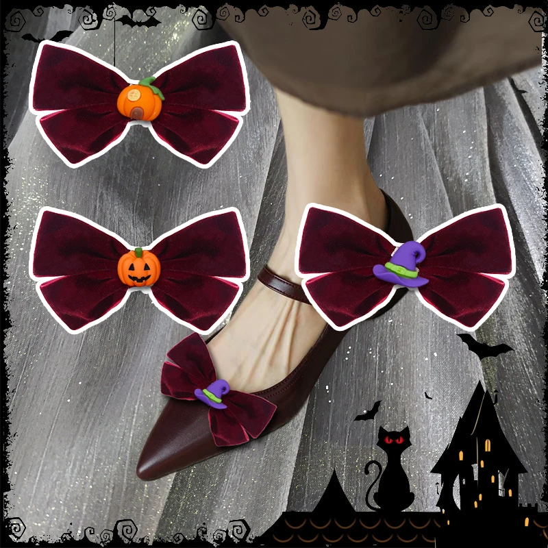 

2 Pcs Halloween Red Bow Shoe Clips Pumpkin House Shoe Embellishment Detachable Shoe Buckle for Ladies High Heels Decoration