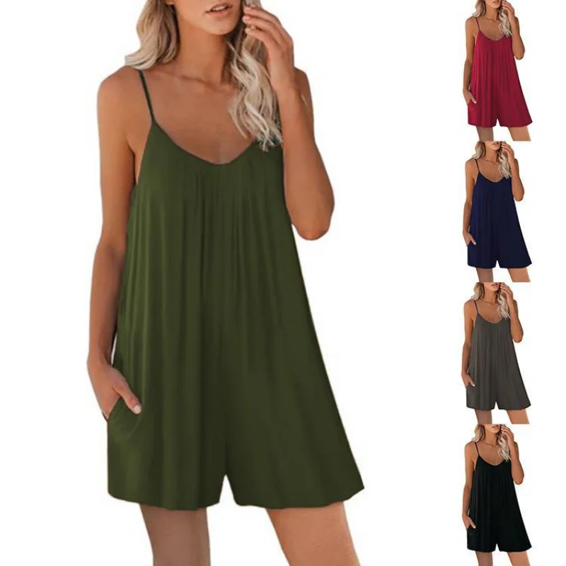 2023 Summer Woman Clothes New Casual Suspender Shorts Solid Color Round Neck Loose Pocket Jumpsuit Female Clothing Woman Dress