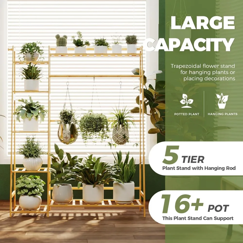 Bamworld Hanging Plant Stand Indoor, Bamboo Large Plant Shelf for Multiple Plants, Tall Ladder Coat Flower Rack for Window