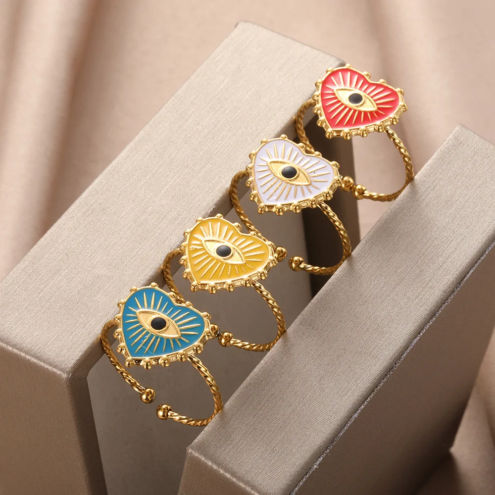 Turkish Evil Eye Rings Stainless Steel Heart Adjustable Ring For Women