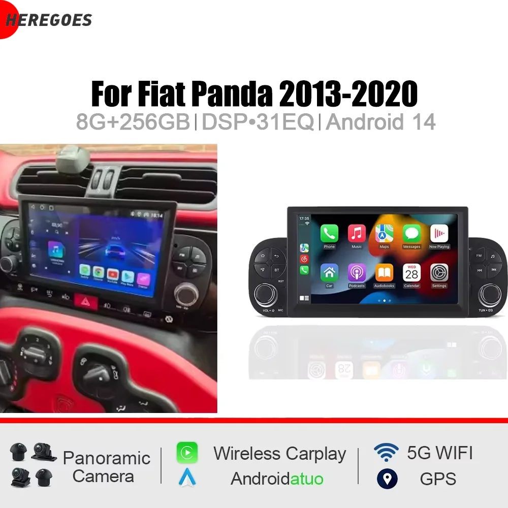 7-Zoll-CarPlay-Android-15.0-8-Core-12GB-RAM-256GB-ROM-Autoradio mit WLAN, GPS, Multimedia-Navigation für Fiat Panda 2013-2020