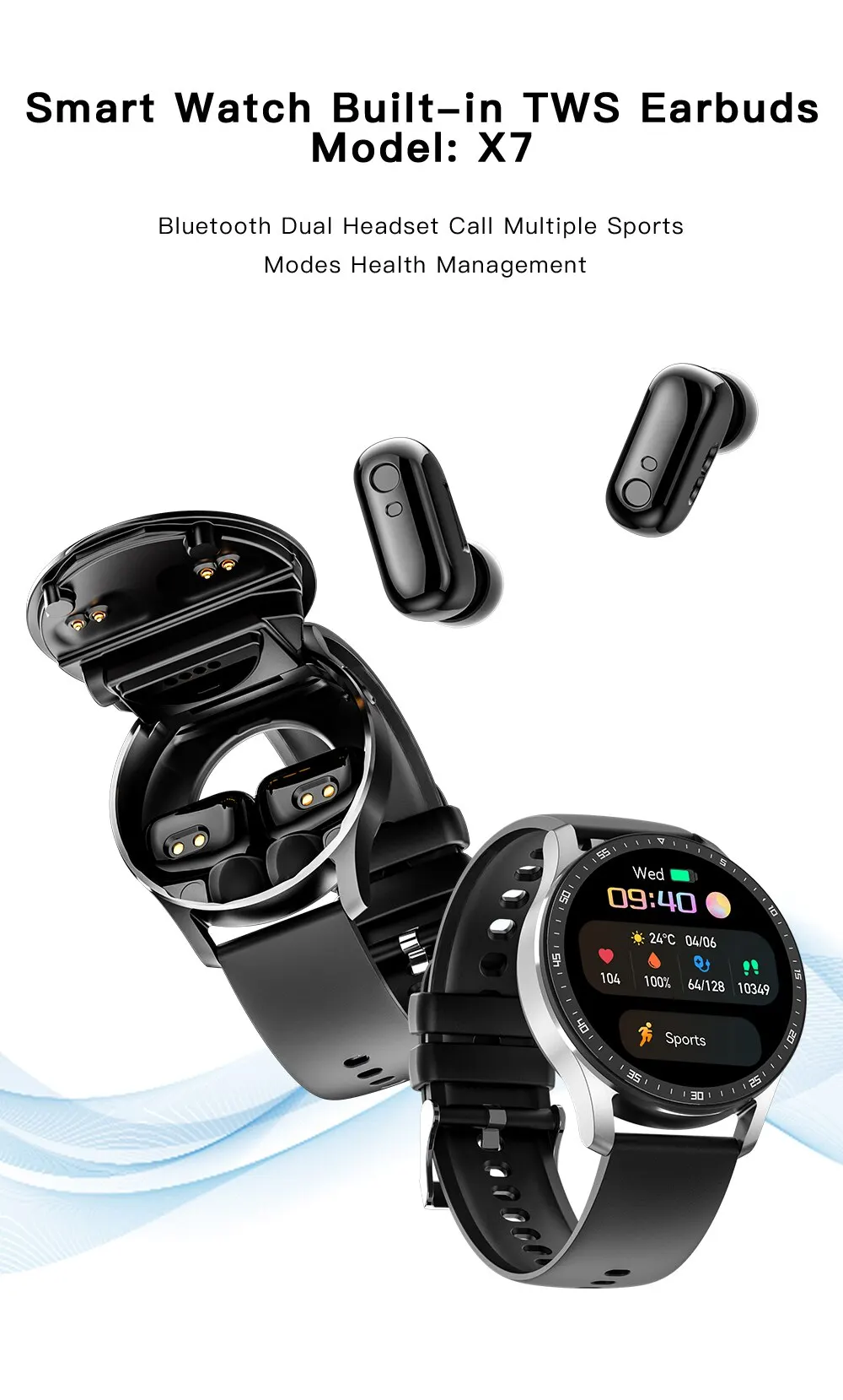 X7 Headset Smart Watch TWS 2 in 1 Wireless Bluetooth Earphone Blood