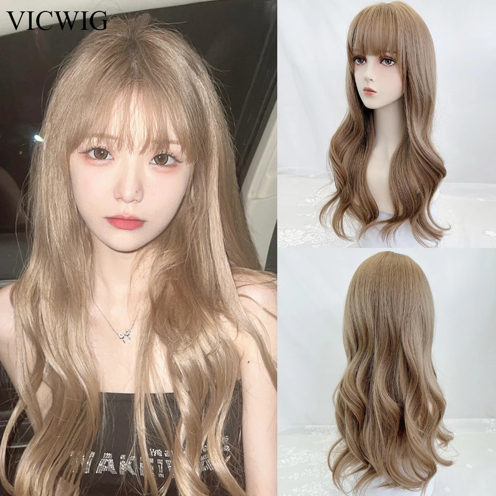 

VICWIG Brown Synthetic Long Wavy Wigs with Bangs Lolita Cosplay Women Natural Hair Wig for Daily Party