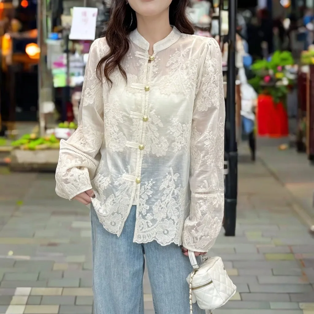100kg Temperament Shirt New Chinese Style Lace Sun Protective Clothing Plus Size Women's Blouse 5219