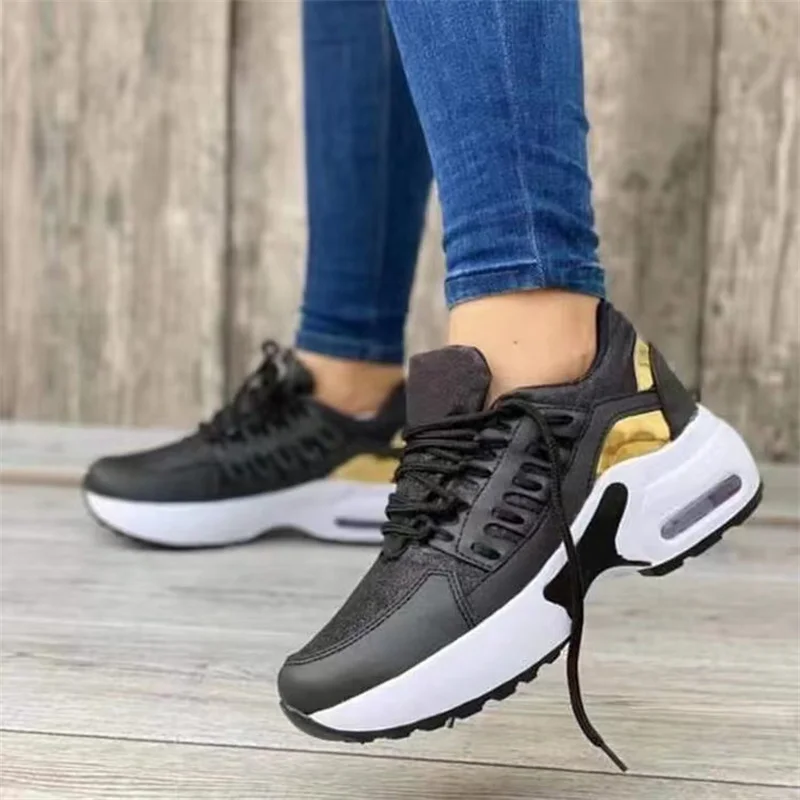 2023 New Ladies Sneakers Lace Up Wedge Heel Vulcanized Shoes Thick Sole Air Cushion Casual Shoes Large Women's Shoes