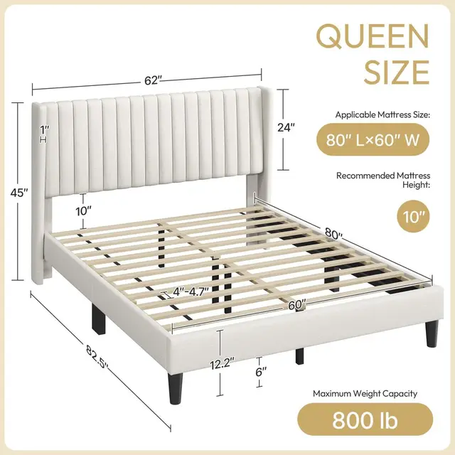 Queen Bed Frame Upholstered Platform Bed with Fabric Headboard, Wing Edge Design NonSlip and NoiseFree Wooden Slats Support No