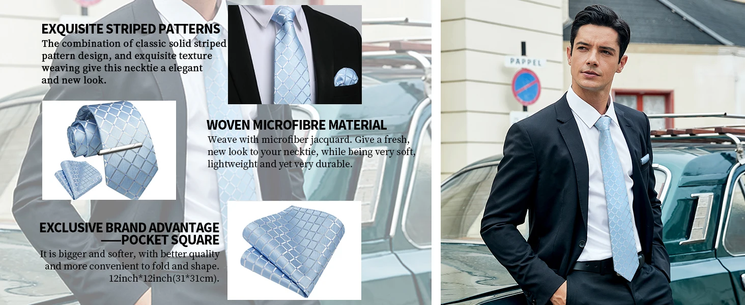 Luxuriöses 8CM Herren-Seidenkrawatten-Set mit Karomuster & Einstecktuch, Manschettenknöpfen, Krawattenklammer und Geschenkbox für den Mann, Bräutigam, formelle Anlässe, Business, Jacquard – Detail 2