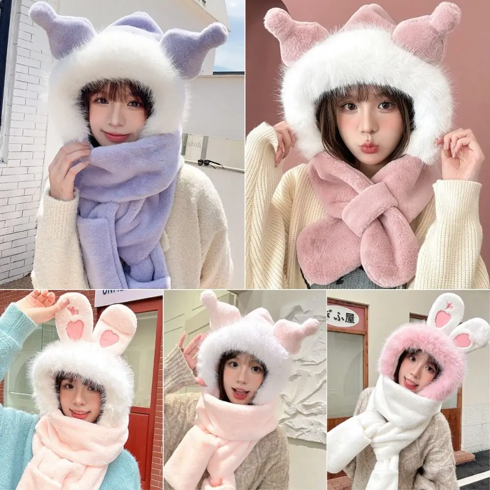 

Warm Winter Hat New Ear Protection Cute Rabbit Ears Hat Gloves Bucket Hat Plush Scarf Women