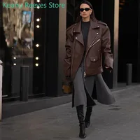 Retro Leather Turndown Collar Women's Jacket Fashion Casual Loose Long Sleeve Zipper Jackets New Autumn Vintage Solid Color Coat 1