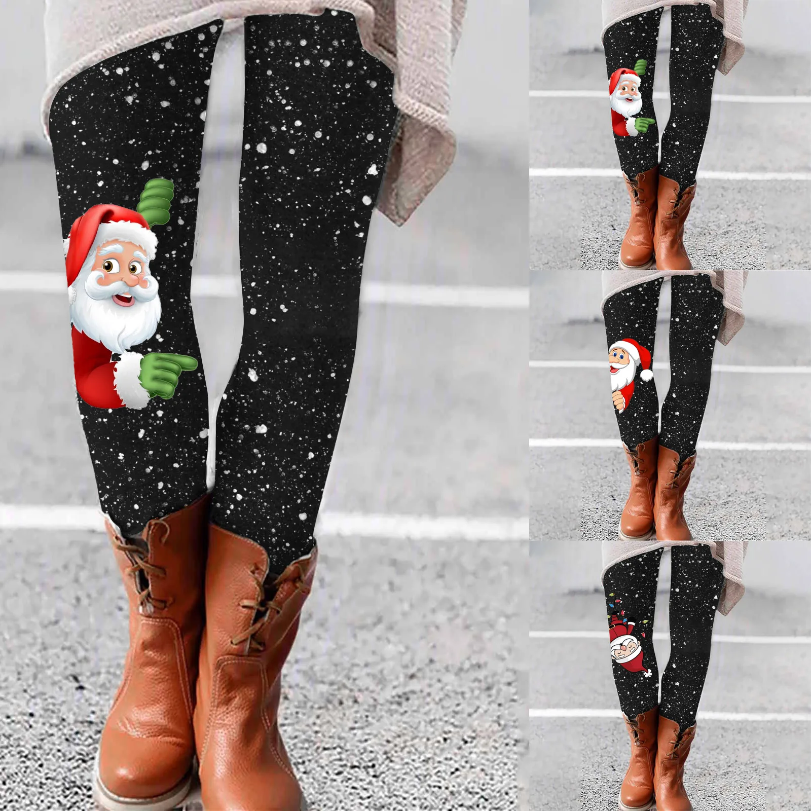 Women Cute Pattern Christmas Print Leggings Elastic Leggings Casual Pants Boots Pants